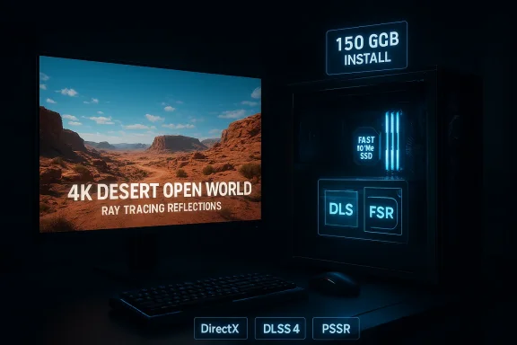 4K desert open-world display on a blue-lit gaming PC with glowing internals.