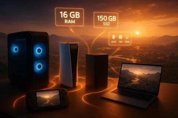 Futuristic gaming setup at sunset with PC, consoles, laptop, and neon RAM/SSD specs.