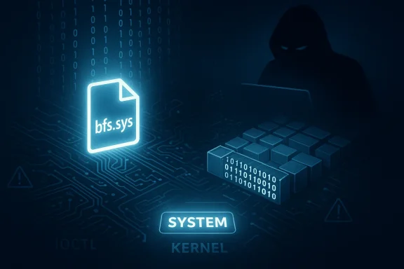 Hooded hacker at a laptop beside a glowing bfs.sys file on a circuit-board kernel scene.