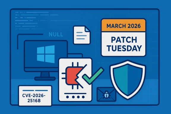 Illustration of Patch Tuesday security update with Windows icon, shield, and CVE-2026-25168.