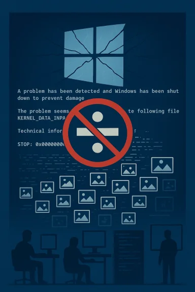 Cracked Windows blue screen of death with error text and a red no-entry sign over image thumbnails.