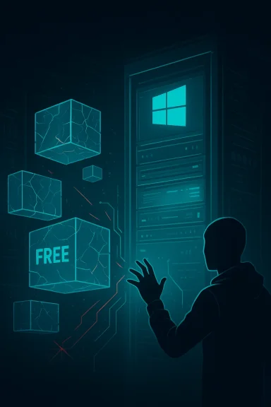 Hooded figure touches a glowing FREE data cube near a server rack in a neon blue cyber scene.