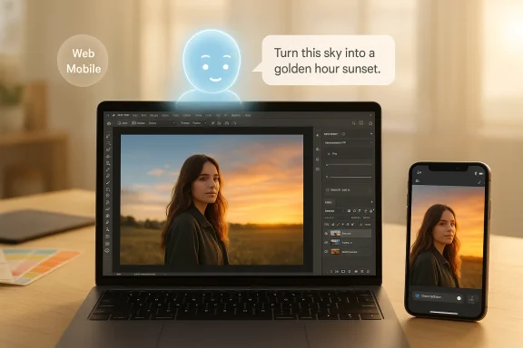 A portrait is edited to a golden-hour sunset on both laptop and smartphone.