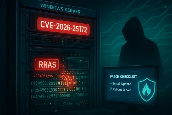 Hooded figure looms by a Windows Server rack marked CVE-2026-25172 and a patch checklist.