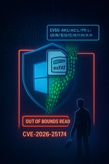 Neon cyber-security art showing exFAT CVE-2026-25174 'out of bounds read' with a silhouetted figure and USB drive.