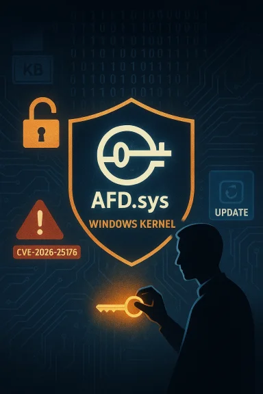 A shield emblem for the AFD.sys Windows kernel vulnerability, with a glowing key and CVE-2026-25176 warning.