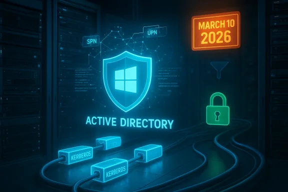 A neon-blue data center featuring an Active Directory shield, Kerberos cables, and a 2026 date.