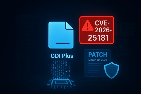 Blue GDI Plus document beside red CVE-2026-25181 alert and patch notice with shield.