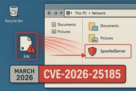 Infographic-style Windows desktop shows a .Ink file exploit redirecting to a spoofed server, CVE-2026-25185.