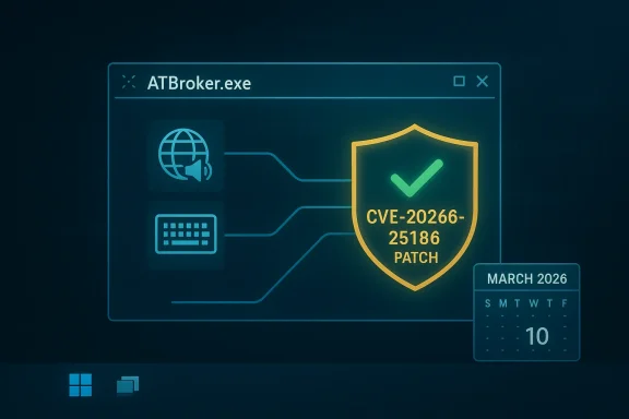 ATBroker.exe patch status showing CVE-20266-25186 with a shield icon.