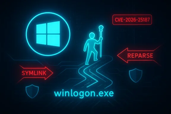 Neon Windows-themed graphic showing winlogon.exe exploit path via symlink and reparse (CVE-2026-25187).
