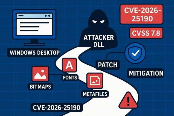 Illustration of an attacker DLL exploiting CVE-2026-25190 on Windows, navigating fonts, bitmaps, and metafiles.