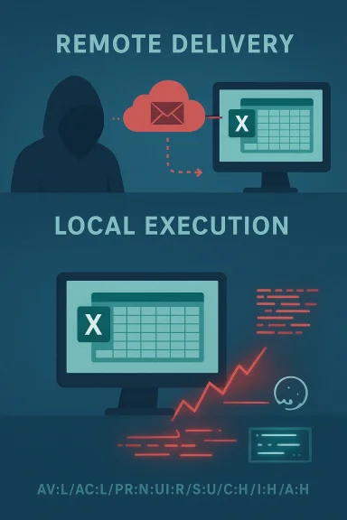 A hooded figure uses remote cloud delivery to execute an Excel payload locally.