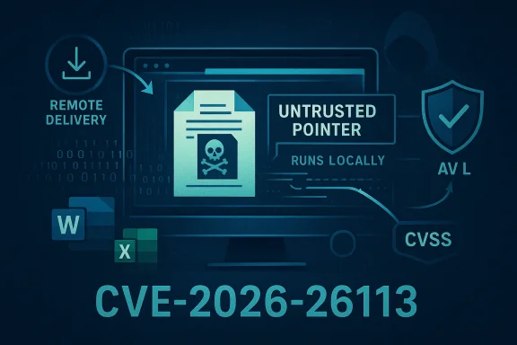 Infographic on CVE-2026-26113: a remote-delivery vulnerability with an untrusted pointer, runs locally.