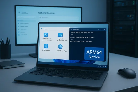 A laptop displays ARM64 Native beside Windows Server Manager UI on a tech desk.