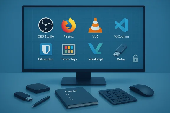 Blue desk setup with a monitor showing icons for OBS Studio, Firefox, VLC, VSCode, Bitwarden, and Rufus.