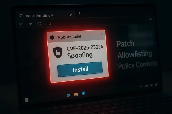 Security pop-up on a laptop shows CVE-2026-23656 Spoofing with an Install button.
