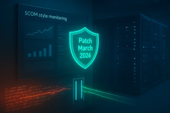 Neon shield labeled Patch March 2026 glows beside charts and servers in a data center.