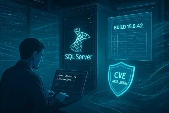 A technician sits at a laptop in a data center, surrounded by SQL Server and CVE shield graphics.