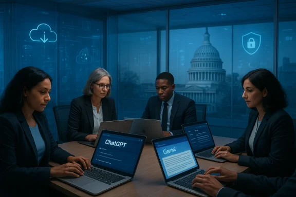 Four professionals in a blue-tinted conference room work on laptops around a table.