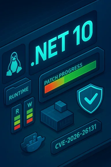 .NET 10 dashboard displaying patch progress, runtime status, Linux penguin icon, and CVE-2026-26131.