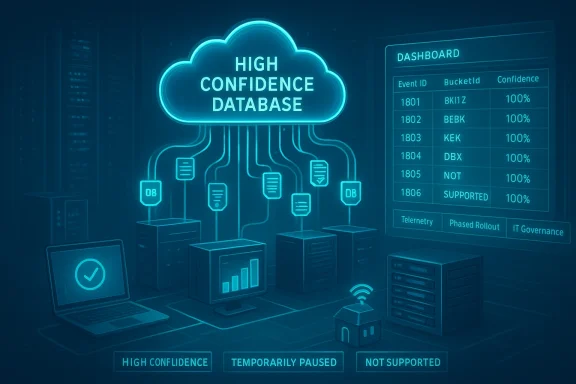 Neon cloud labeled 'High Confidence Database' links to servers and a dashboard.