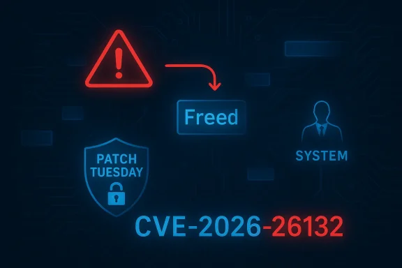 Cybersecurity illustration highlighting CVE-2026-26132 with a warning triangle and Patch Tuesday shield.