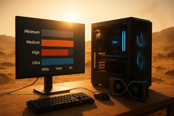 Outdoor sunset gaming setup with a blue-lit PC and a monitor displaying graphics settings.