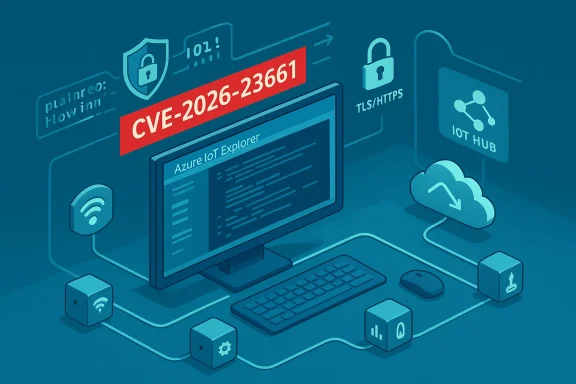 Isometric illustration of a computer screen showing a CVE-2026-23661 alert in Azure IoT Explorer.