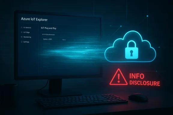 Azure IoT Explorer on a dark monitor, featuring a glowing cloud lock and an info-disclosure warning.