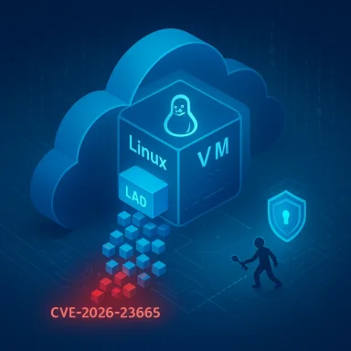 Cloud-based Linux VM with CVE-2026-23665 vulnerability and a security shield.
