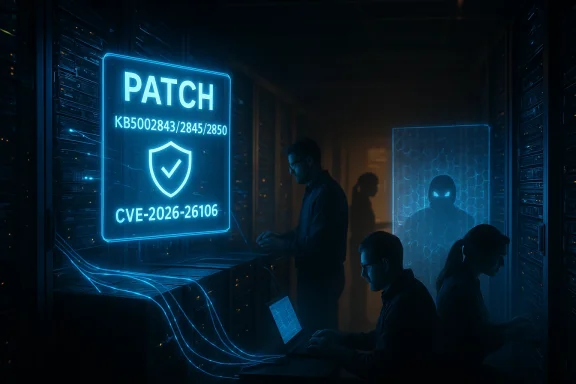In a dark data center, technicians patch a CVE vulnerability on a glowing blue display.