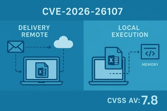 CVE-2026-26107: remote delivery via Excel document enabling local code execution.
