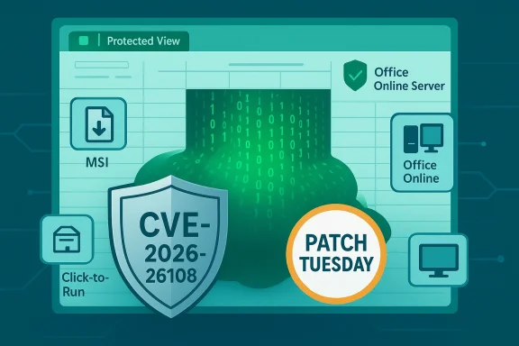 Cybersecurity illustration of Patch Tuesday addressing CVE-2026-26108.