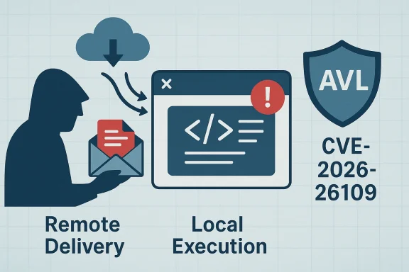 Illustration of a vulnerability: remote delivery leading to local execution (CVE-2026-26109).