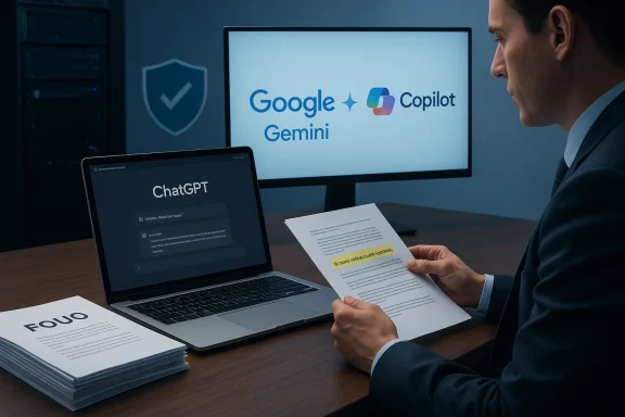 A businessman reviews a highlighted document while ChatGPT runs on a laptop and Google Gemini appears on the monitor.