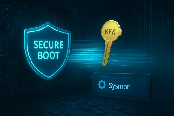 Neon Secure Boot shield with a KEK key hovering over a Sysmon label in a high-tech circuit backdrop.