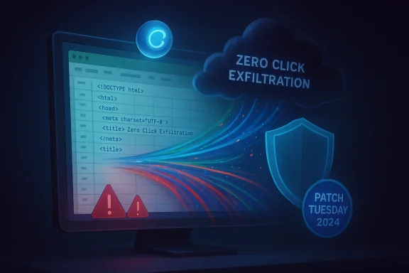 Code on a monitor with a cloud shield and 'Zero Click Exfiltration' banner, Patch Tuesday 2024.