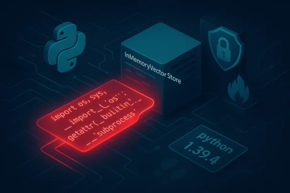 Illustration of Python, InMemoryVectorStore, glowing code snippet, and security icons.