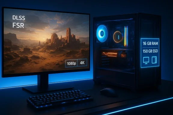 Blue-lit gaming PC setup with RGB lighting and a monitor displaying DLSS and FSR.