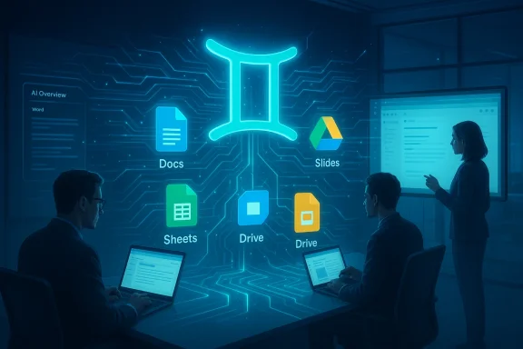 A futuristic conference room with a holographic Google Gemini interface showing Docs, Sheets, Slides, and Drive.