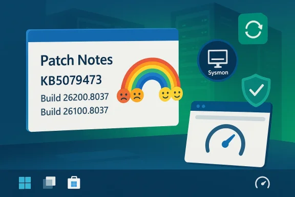 Patch Notes KB5079473 with rainbow arc and smiley icons, Build 26200.8037 / 26100.8037.