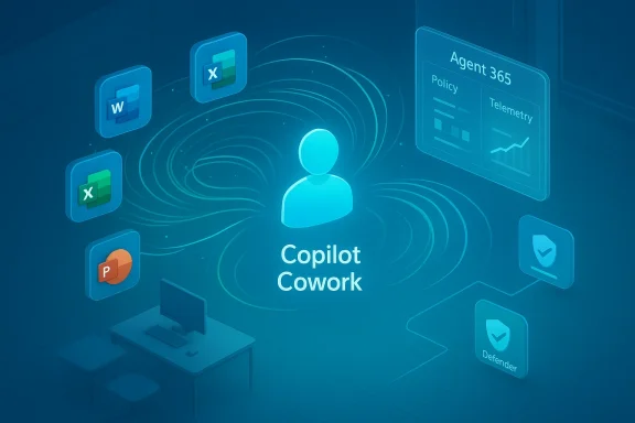 A blue holographic Copilot Cowork hub connects a user to Word, Excel, PowerPoint, Defender, and more.