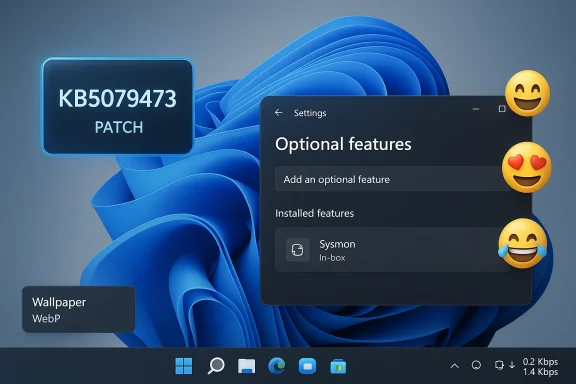 Windows 11 desktop showing patch KB5079473 and an Optional features settings panel.