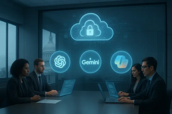 Four professionals in a conference room, with glowing cloud-security icons on the glass behind them.