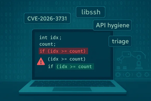 Laptop displays code with CVE-2026-3731, libssh, API hygiene, and a triage warning.