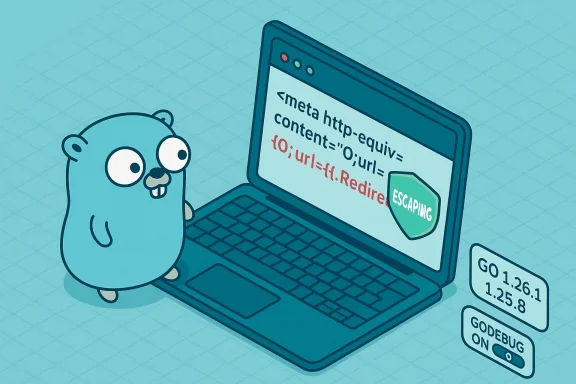 Go gopher analyzes HTML escaping to prevent meta-refresh redirects on a laptop.