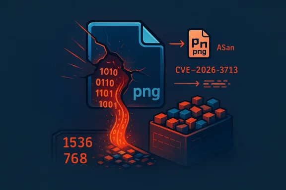 Cracked PNG file spews fiery binary toward a keyboard, hinting at CVE-2026-3713.