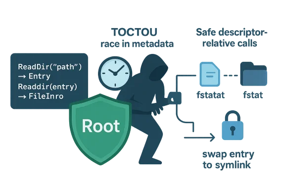 Hacker silhouette with a Root shield illustrates TOCTOU race in metadata and safe-descriptor flows.