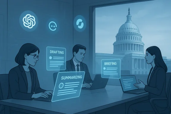 A team uses holographic screens to draft, summarize, and brief in a high-tech office with the Capitol outside.